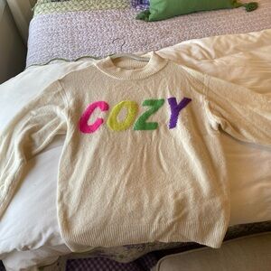 a new day Cream Crewneck Sweater with Colorful 'COZY' Lettering